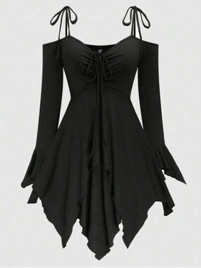 Current Mood Black Off-Shoulder Tie-Strap Handkerchief Hem Dress